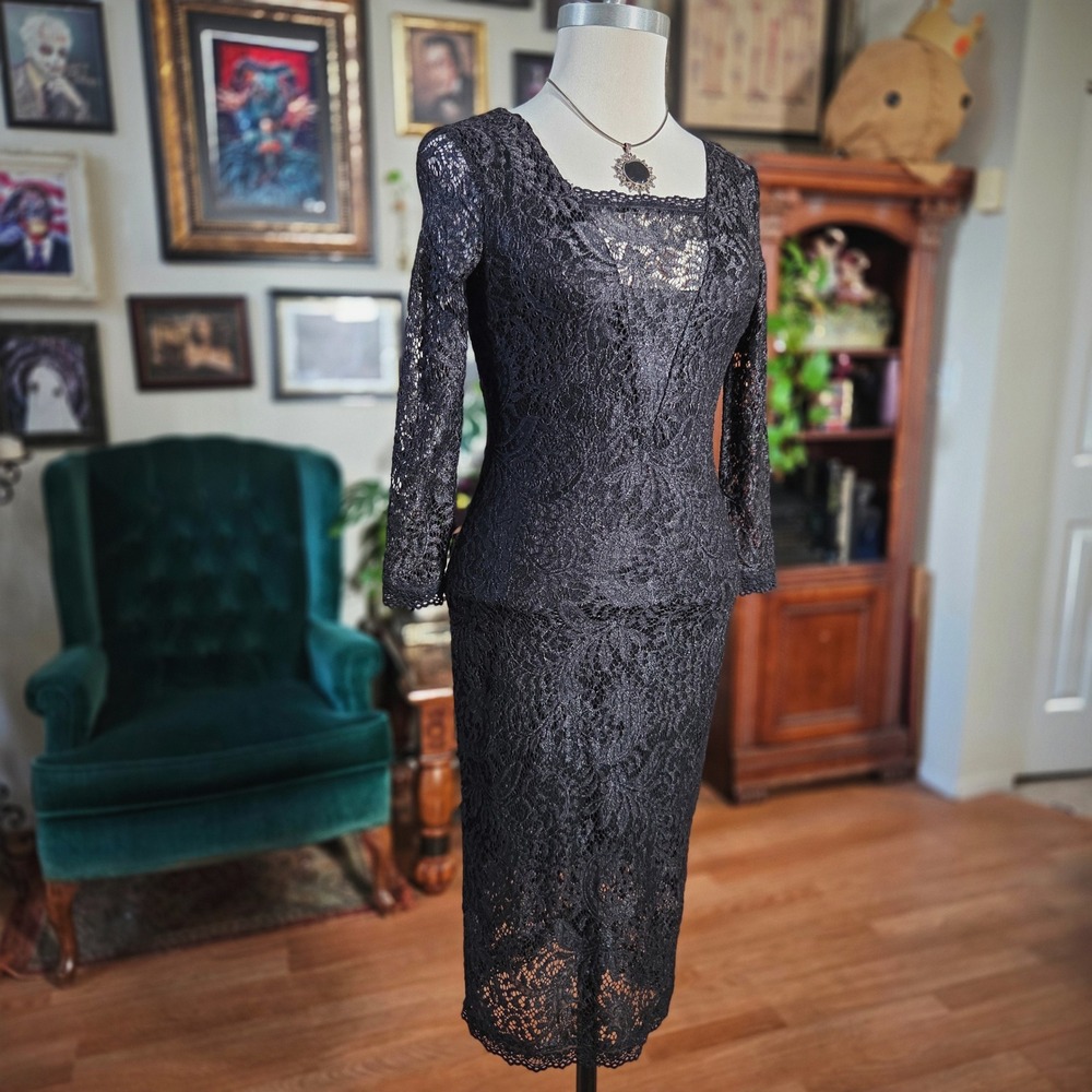 Candies Black Floral Lace Midi Sheath Dress Square Neck 3/4 Sleeve Womens‎ Small